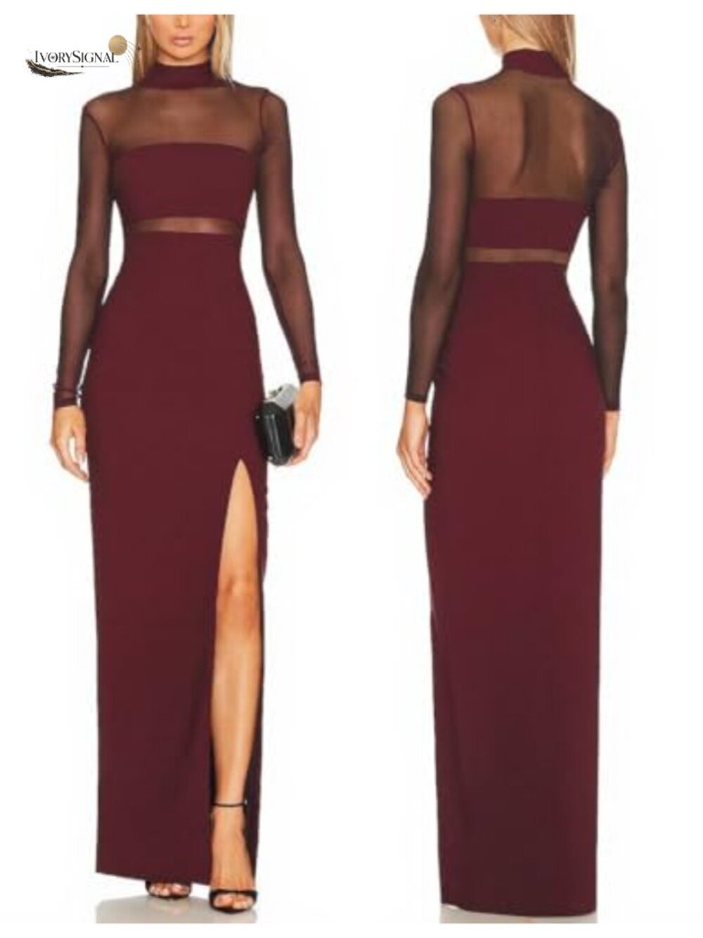 Sheer Mesh Long Sleeve Turtleneck Bodycon Maxi Dress Side Slit
